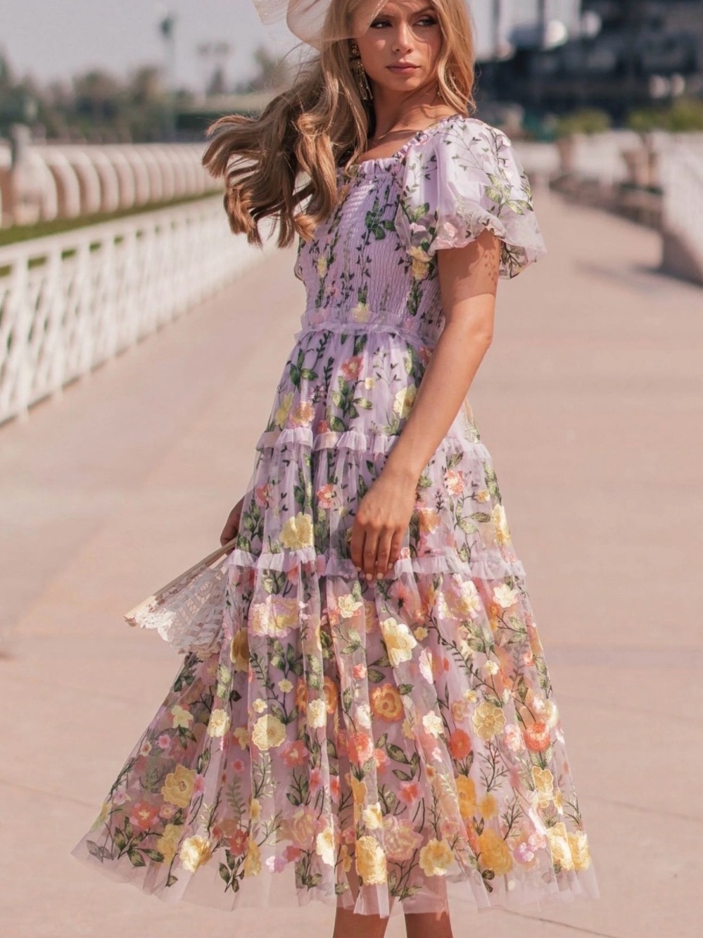 JessaKae Rose Lavender Floral Tiered Midi Dress with Pastel Blooms